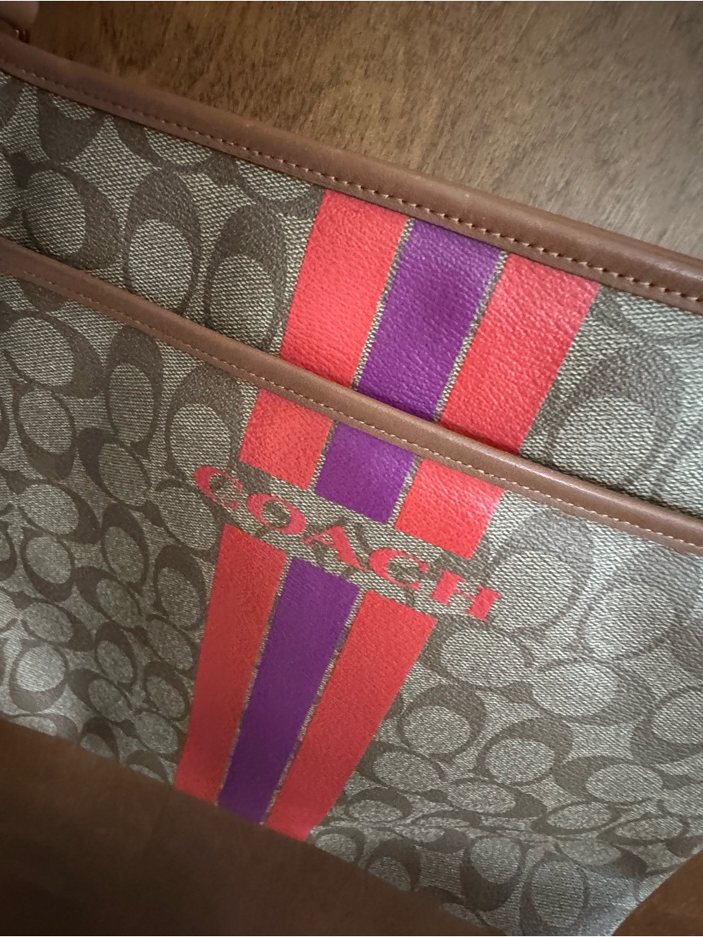 Coach Brown Signature Tote with Red and Purple Stripes